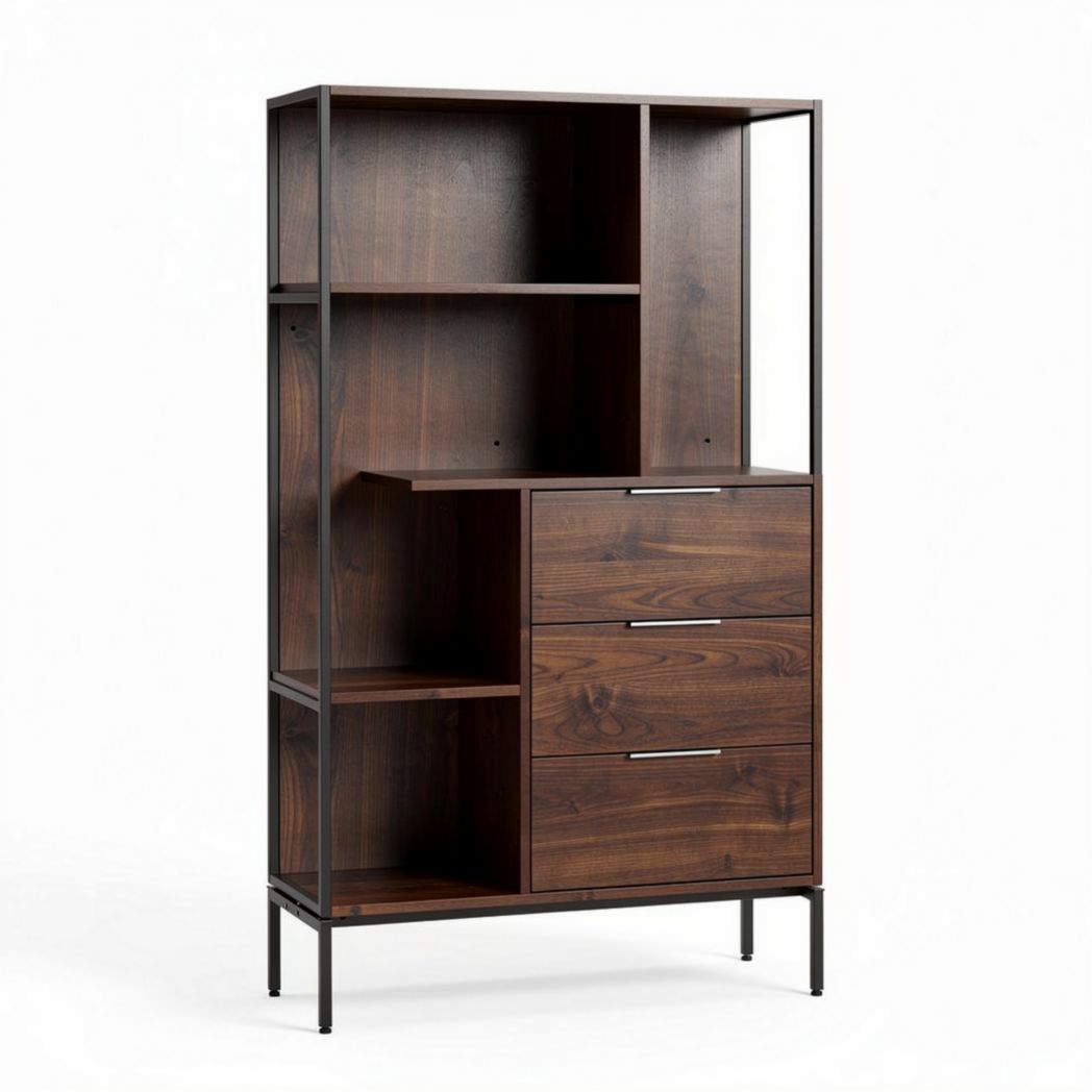 Mobile libreria in legno di noce con ripiani e cassetti per ufficio – 80 x 40 x 180 cm